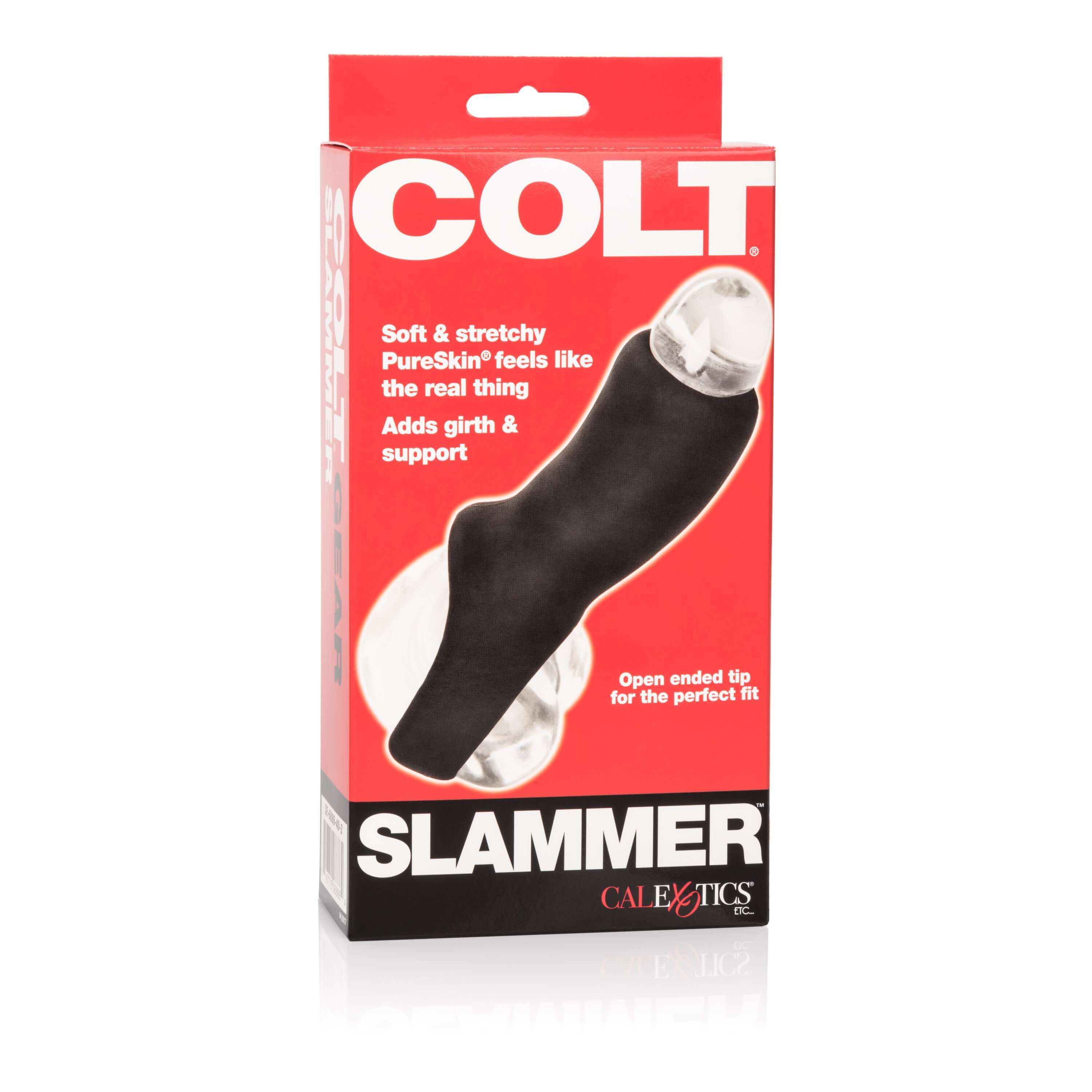 Colt Slammer Girth Enhancer Black packaging featuring soft PureSkin material, designed for added girth and support.