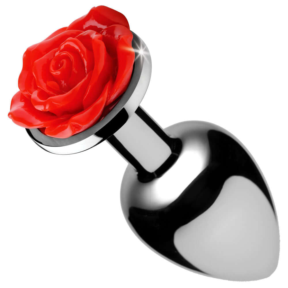 Red Rose Anal Plug Medium Booty Sparks - elegant metal anal plug with a red rose design and polished finish.