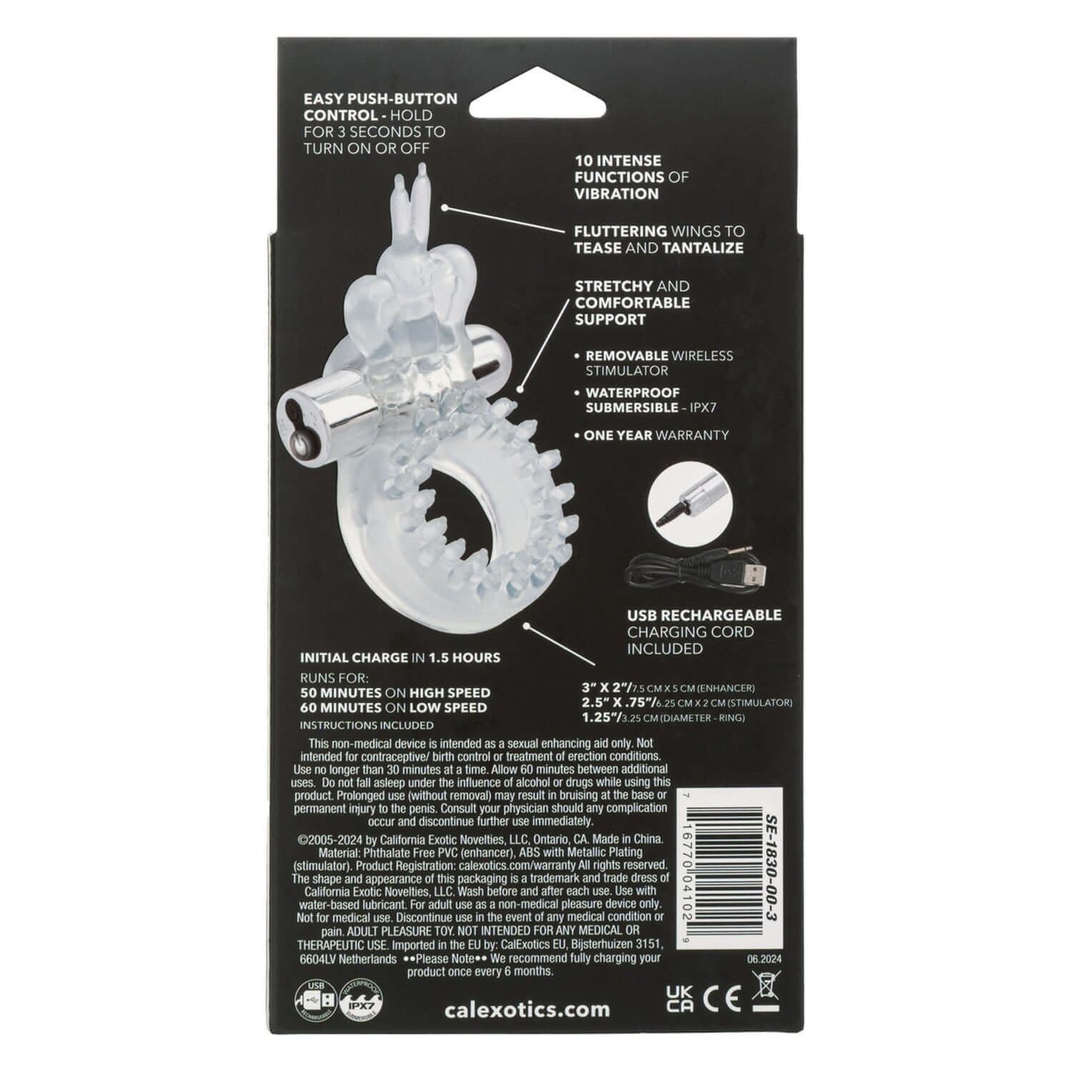 Wireless Butterfly Ring Rechargeable Clear with easy push-button control and waterproof design for couple's pleasure.