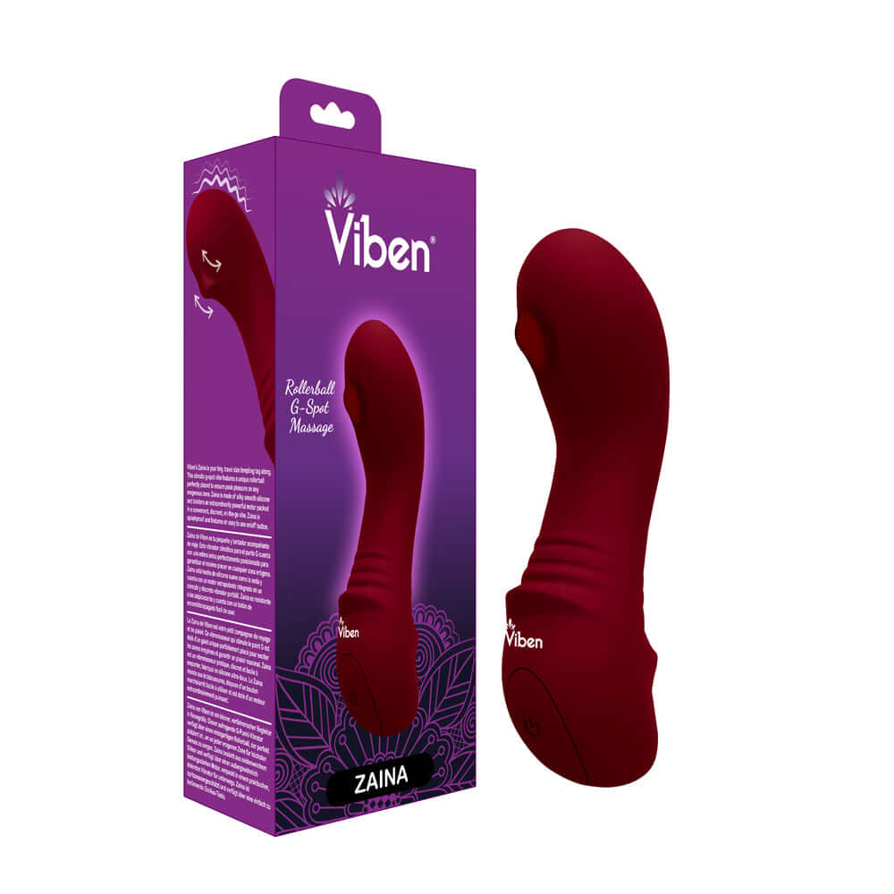 Viben Zaina Ruby Intense Mini G-Spot Vibe with rollerball massage in packaging, travel-friendly design.