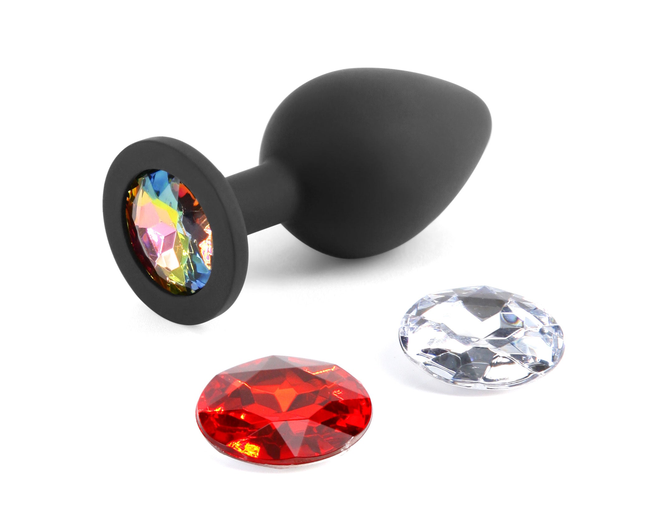 Glams Xchange Round Medium Butt Plug Black with interchangeable crystal gems in red and clear.