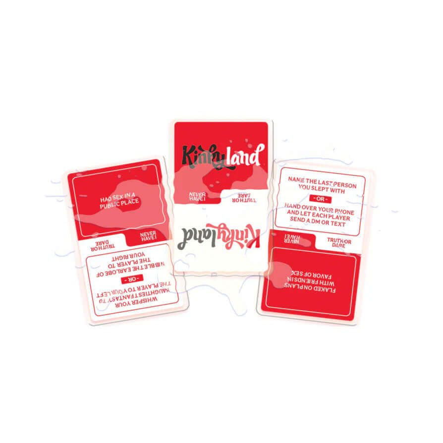Kinky Land Board Adult Game cards featuring prompts about intimacy and curiosity in a fun and playful design.