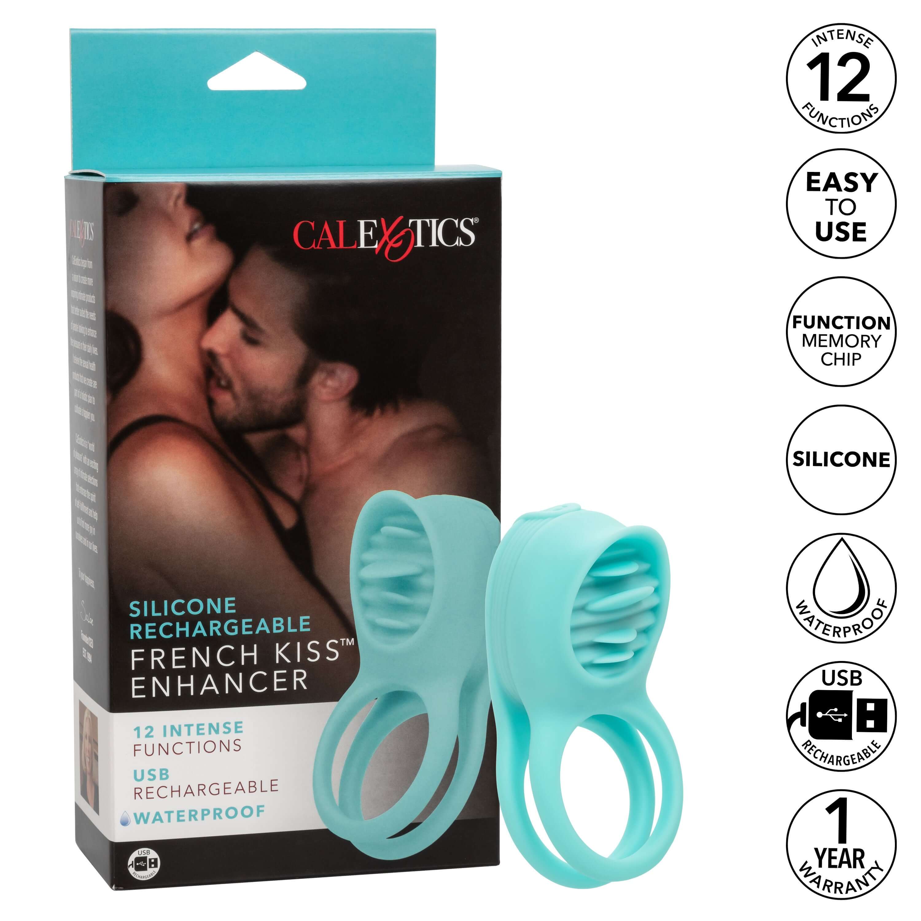 Silicone Rechargeable French Kiss Enhancer packaging showcasing its features, perfect for couples looking to enhance intimacy.