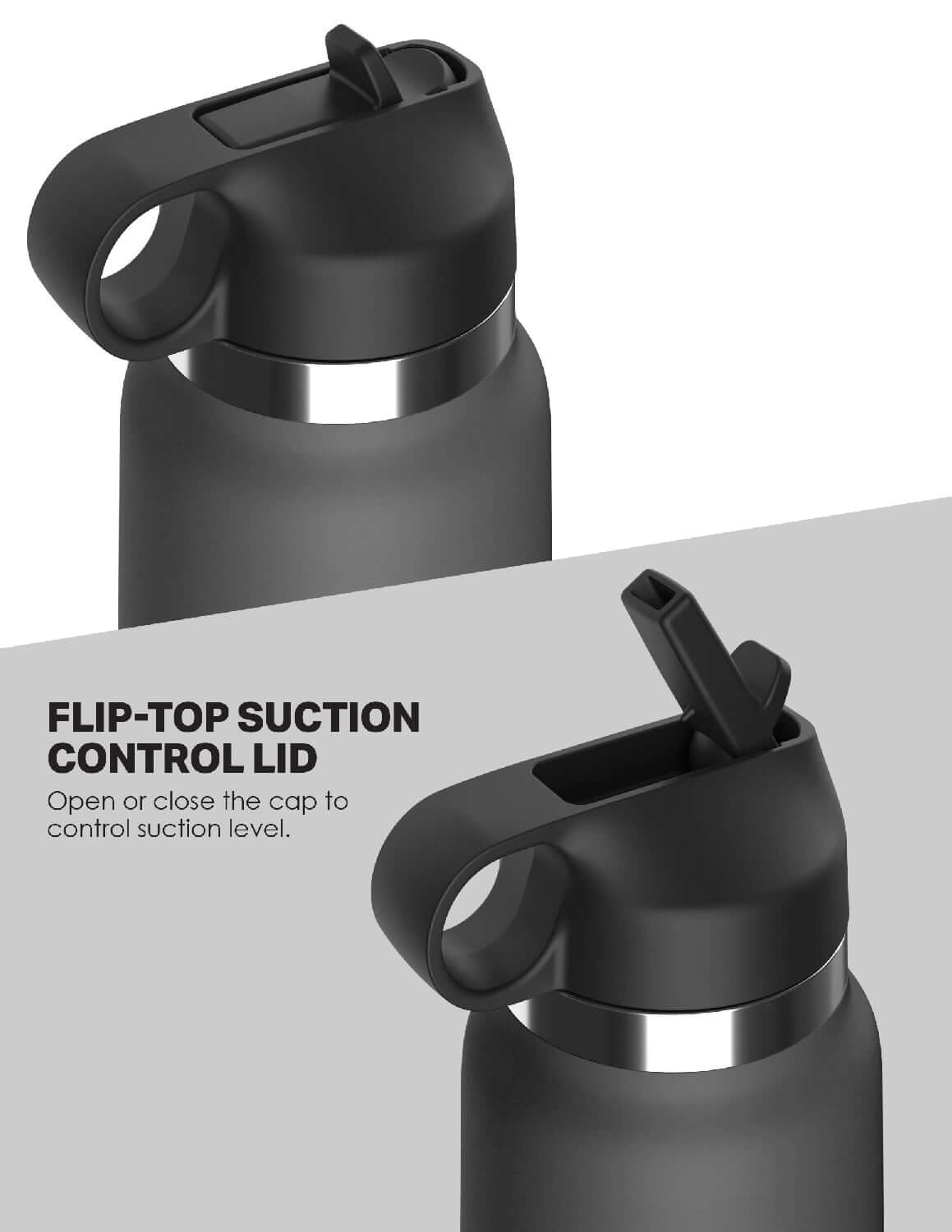 Grey reusable water bottle with flip-top suction control lid for discreet hydration.
