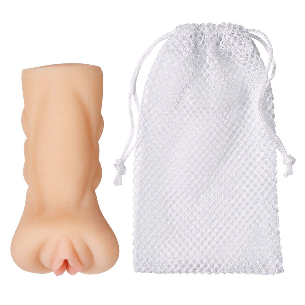 Pocket Pussy Stroker Flesh beside a mesh storage bag for discreet pleasure and convenience.