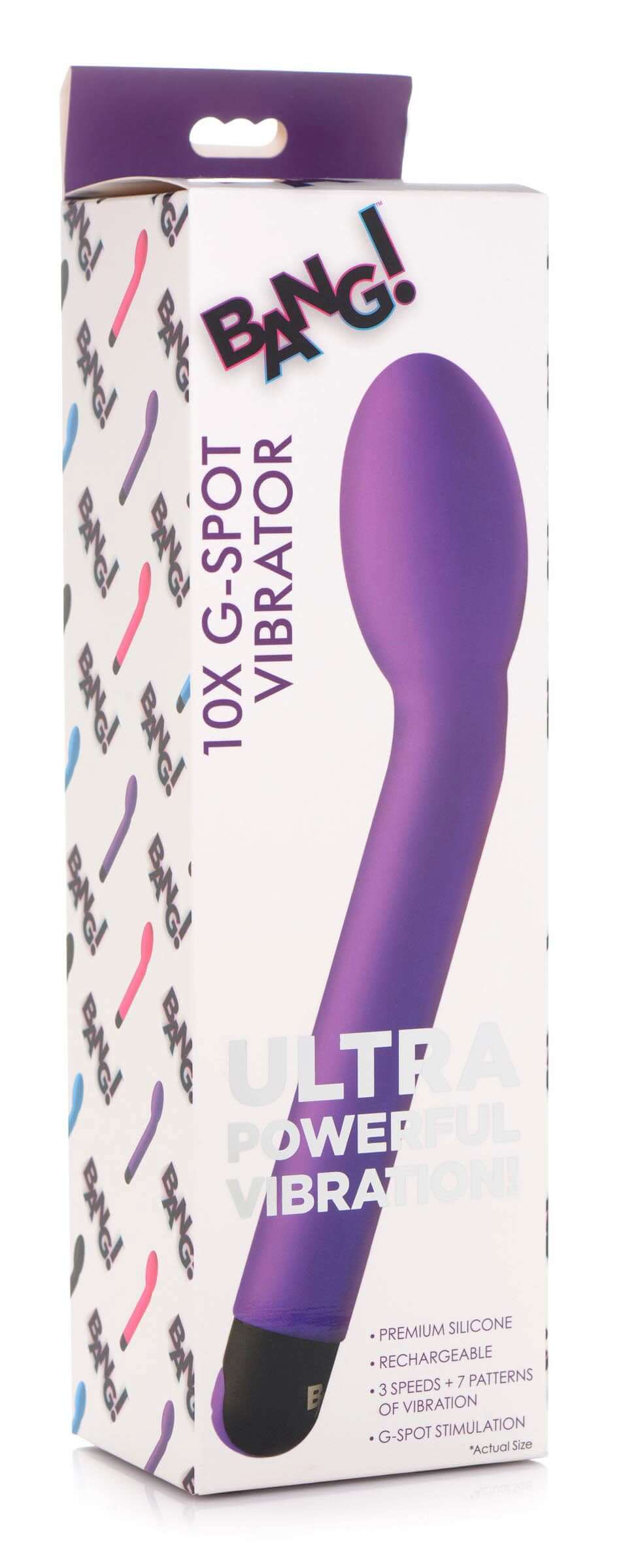 Bang 10X Rechargeable Silicone G-Spot Vibrator Purple packaging showcasing its design and features.