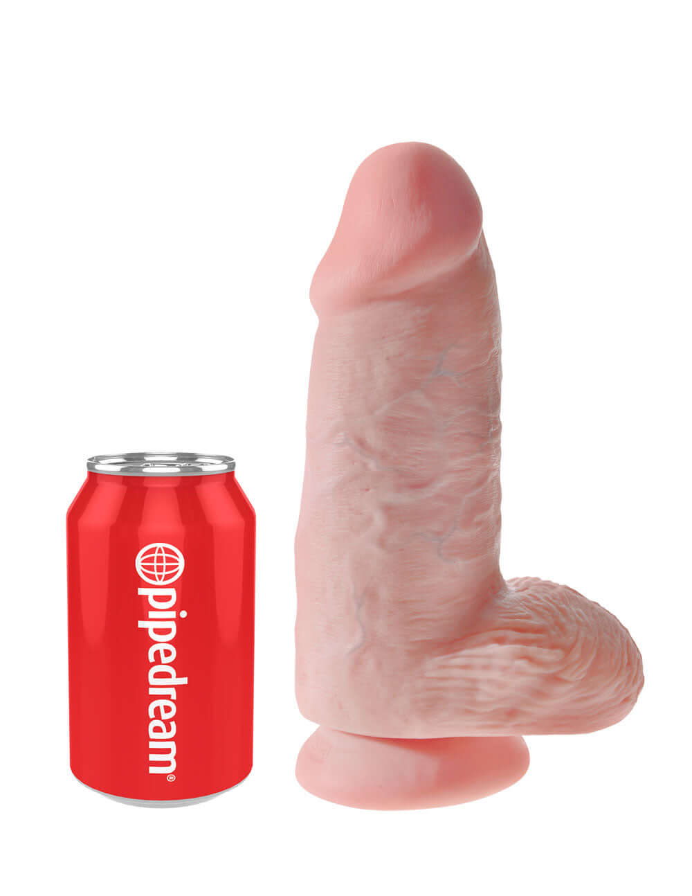 King Cock Chubby 9 Inch Dildo Light next to a beverage can for size comparison.