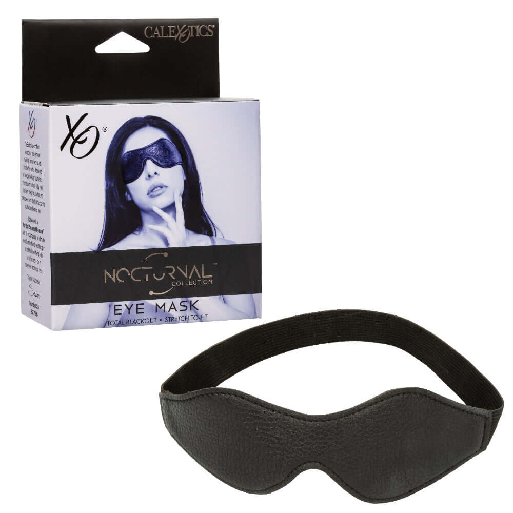 Nocturnal Collection Eye Mask in black with box packaging featuring a model wearing the mask, offering complete sensory blackout.