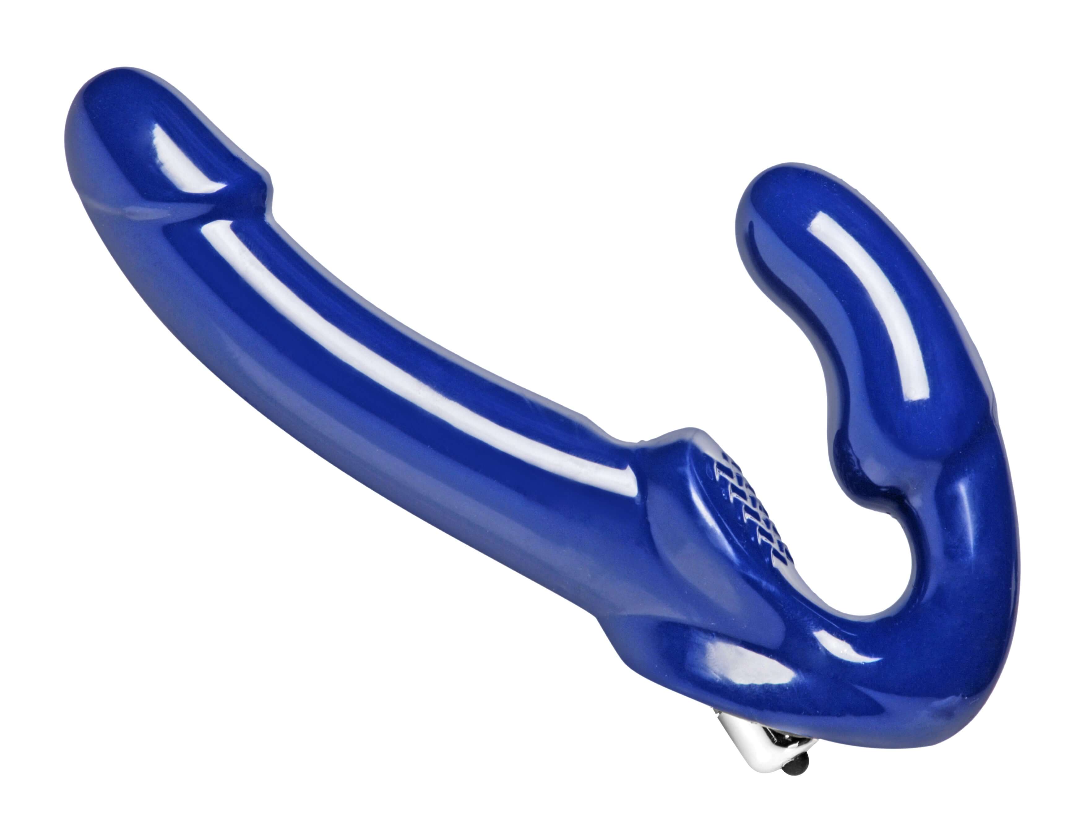 Revolver II Vibrating Strapless Strap on Dildo Blue showcasing its sleek design and curved probe for intimate pleasure.