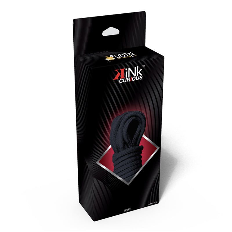 Kink Curious Bondage Rope Black packaging displayed, designed for beginners exploring restraint play.