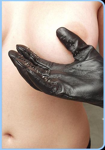 Vampire Gloves Leather Small providing unique tactile sensations on skin with metal points on fingertips.