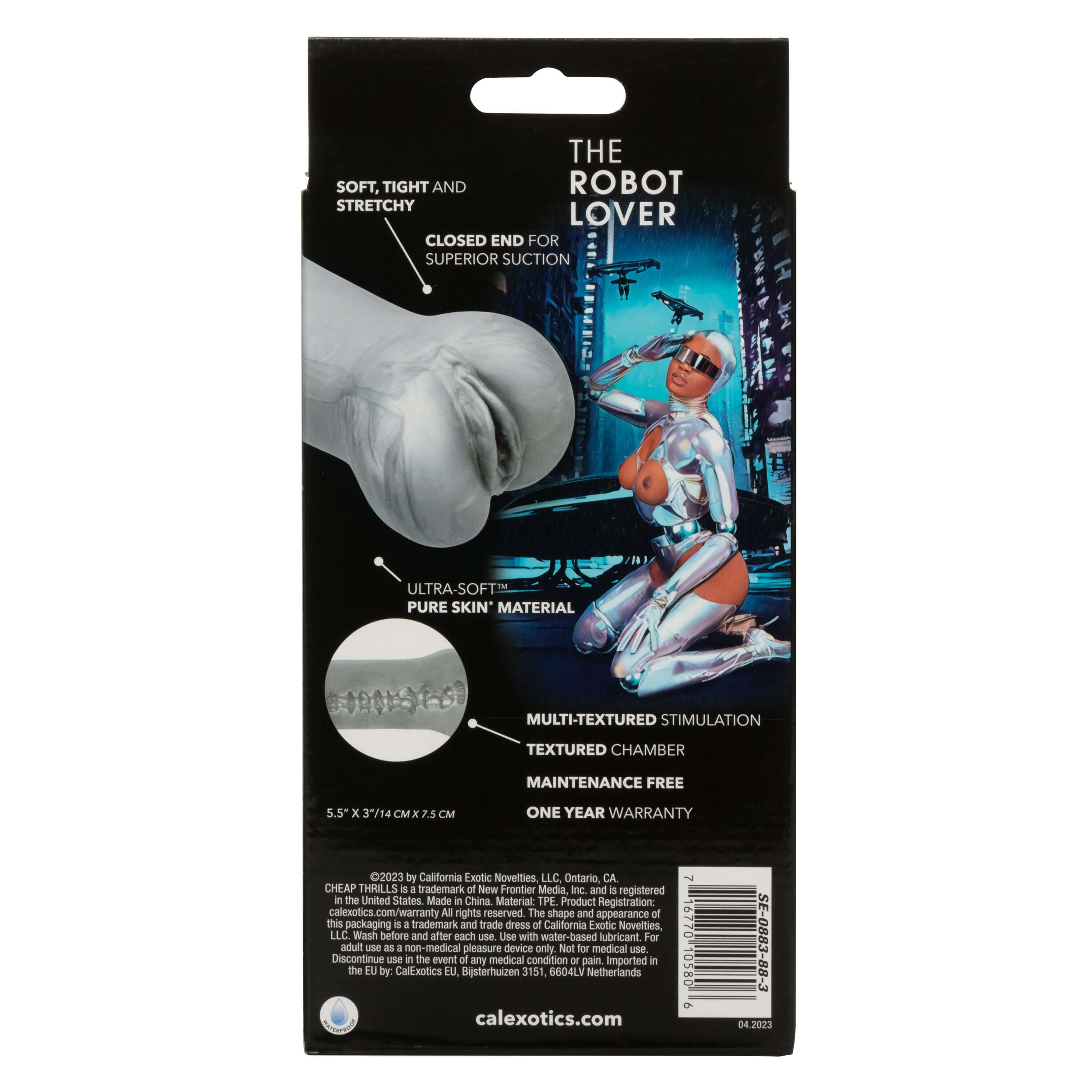 Packaging for Cheap Thrills The Robot Lover masturbator featuring sleek design and product details.