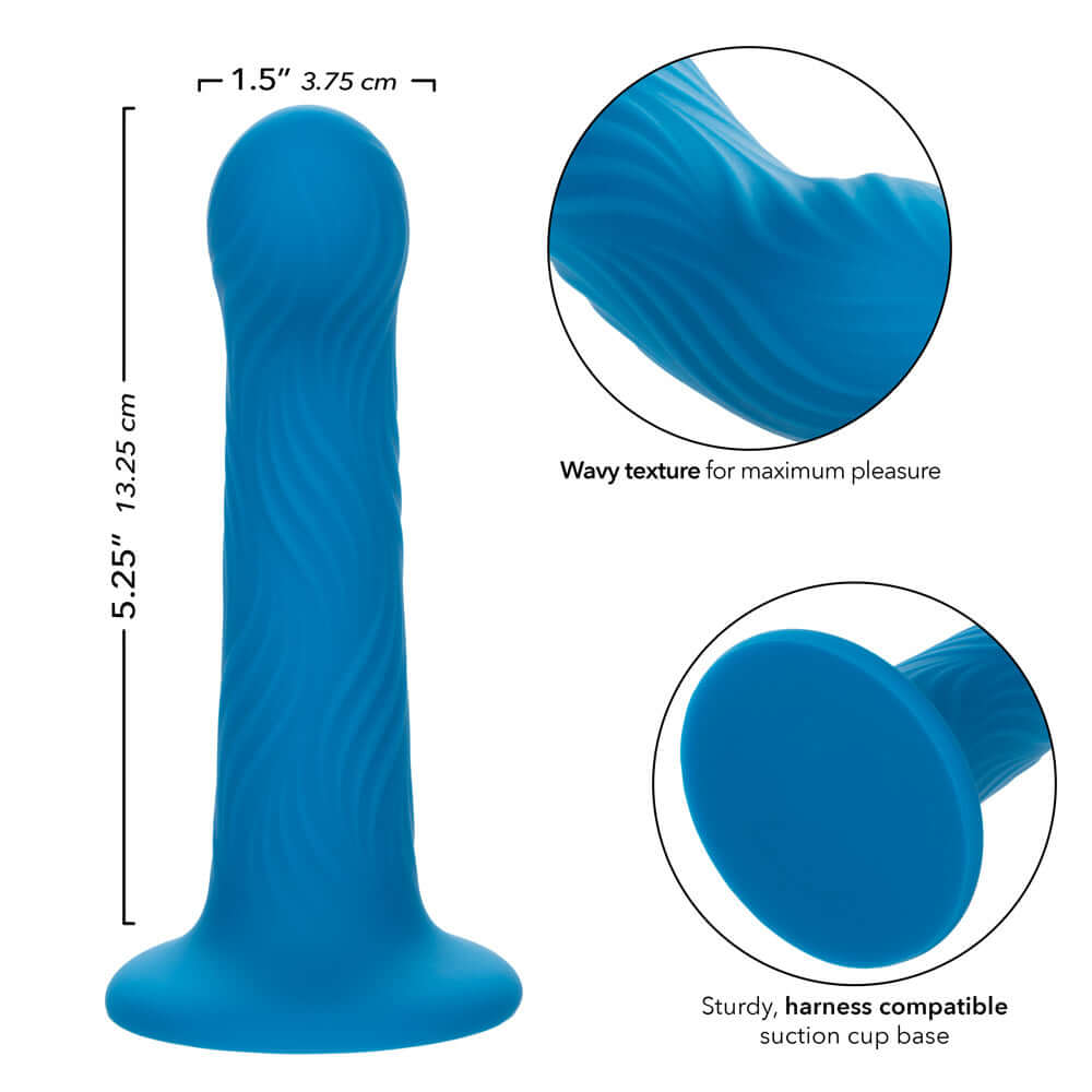 Blue Wave Rider Ripple dildo with wavy texture, harness compatible suction cup base, and size measurements in inches and centimeters.