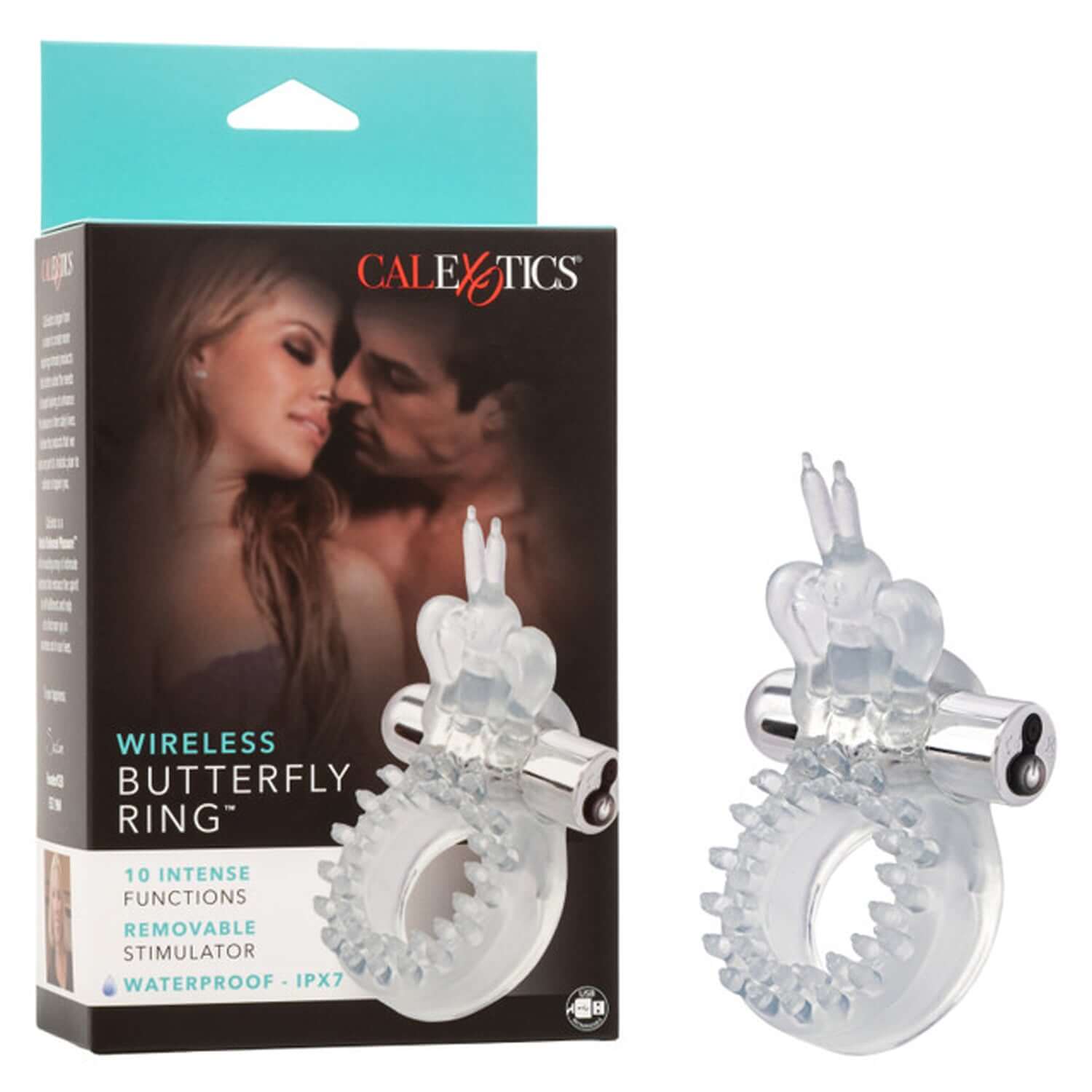 Wireless Butterfly Ring Rechargeable Clear packaging with product and couple image, designed for shared pleasure and stimulation.