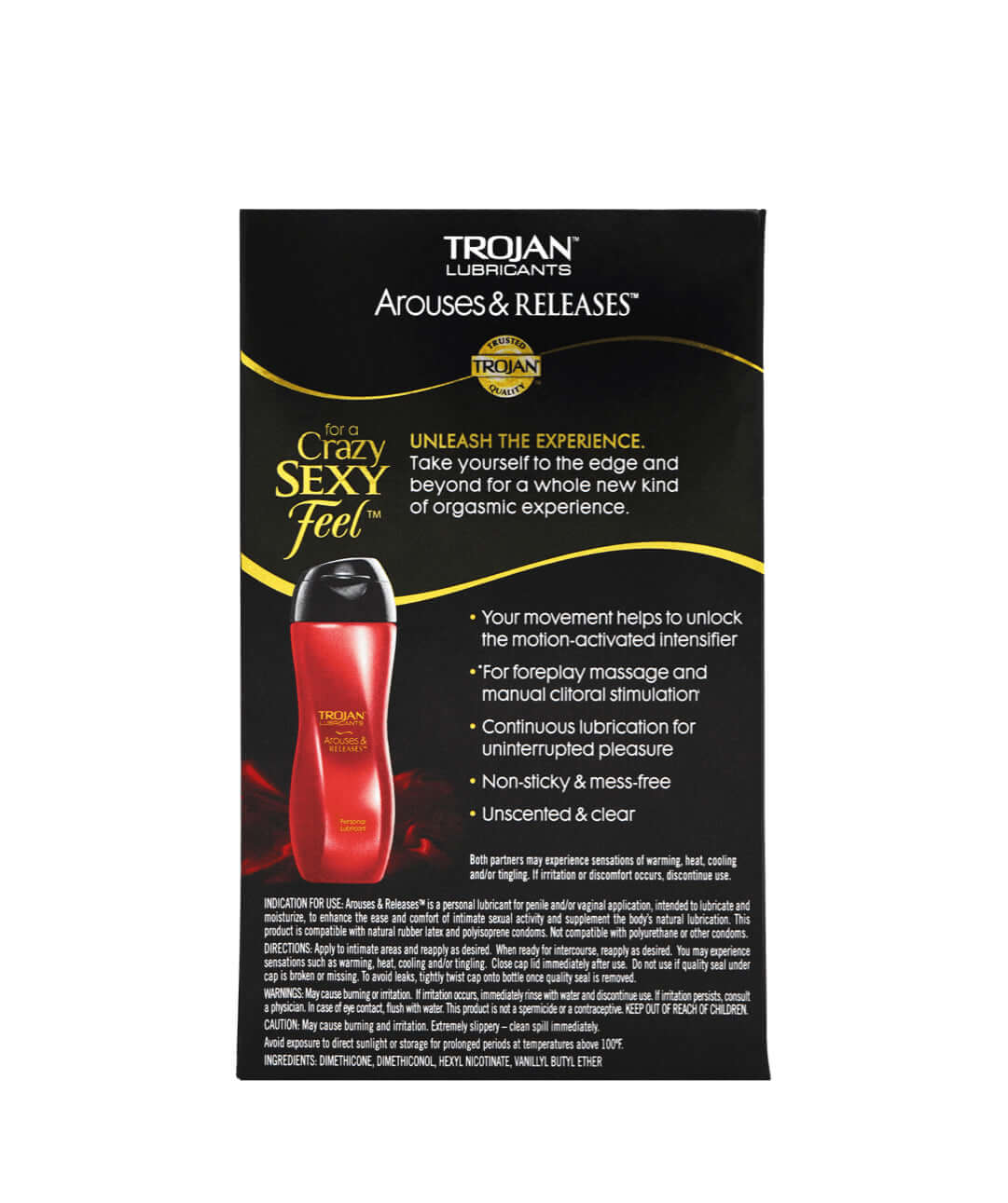 Trojan Arouses & Releases Lubricant 3 Oz packaging showcasing features for enhanced pleasure and comfort.