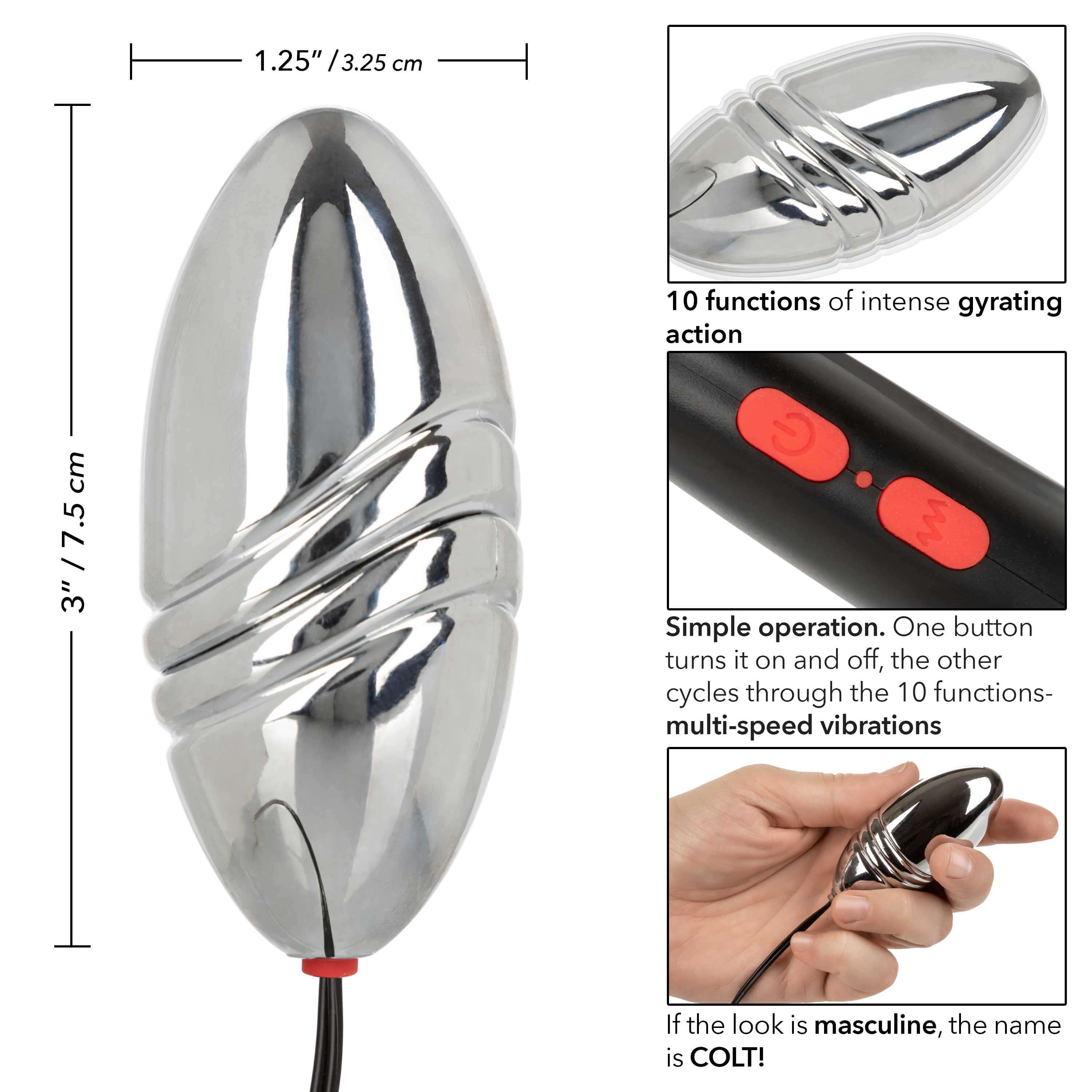 Colt Rechargeable Turbo Bullet Silver, a powerful compact vibrator with 10 intense gyrating functions.