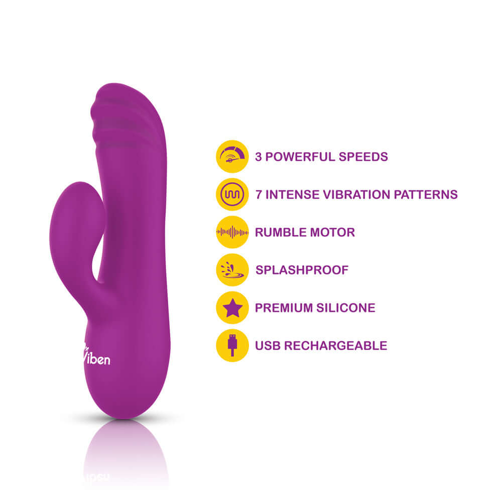 Viben Jolie Berry Mini Rabbit Vibe in purple, showcasing features like powerful speeds, rumble motor, and splashproof design.