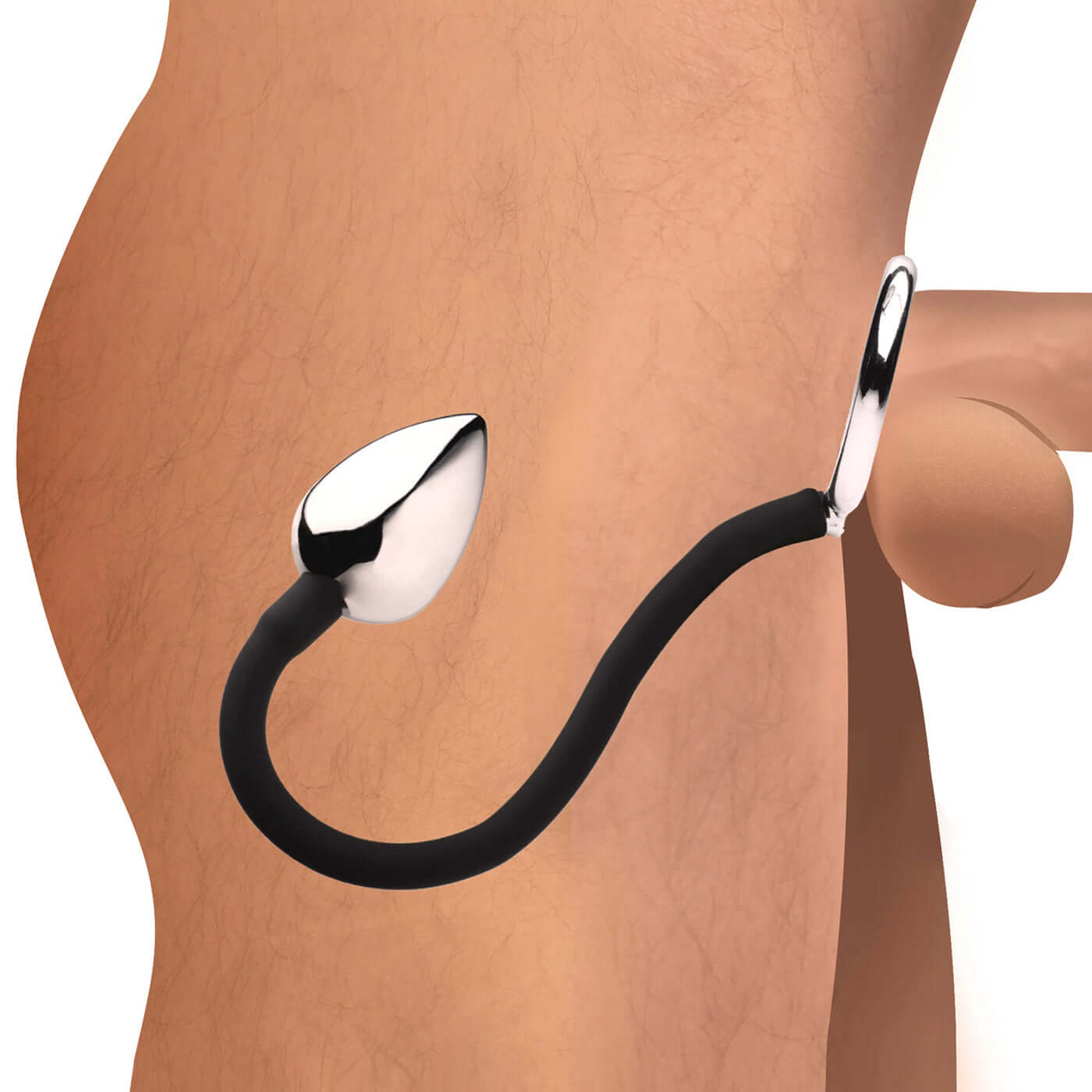 Tug Plus Plug Cock and Ball Ring with Anal Plug in Use for Dual Stimulation - Black Aluminum Alloy and Silicone