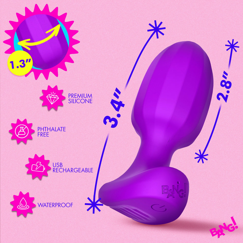 Bang Ribbed Vibrating Silicone Butt Plug Purple features premium silicone, phthalate free, USB rechargeable, and waterproof.
