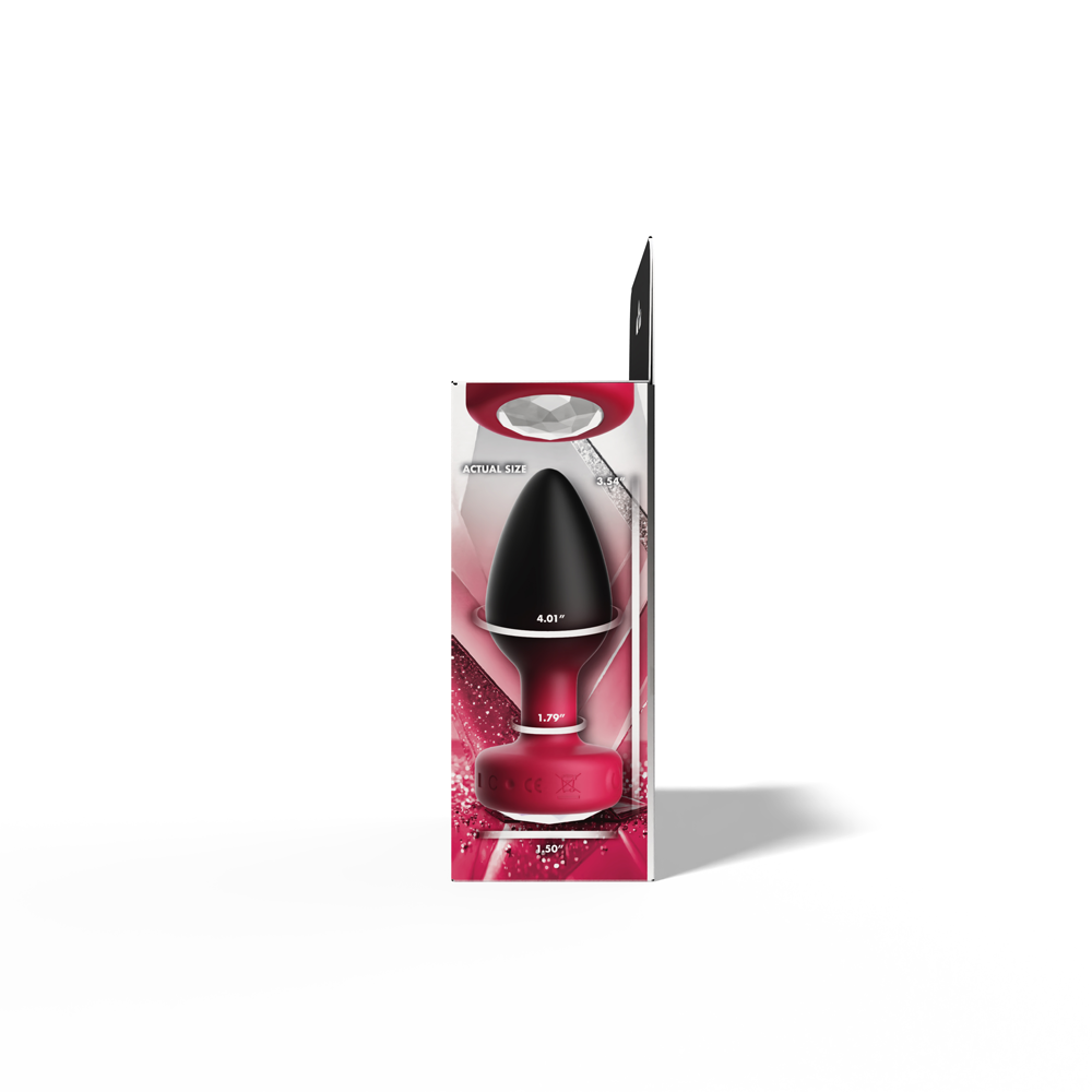 Cheeky Charms Eluxe Vibrating Anal Plug Ruby packaging showcasing elegant design and features.