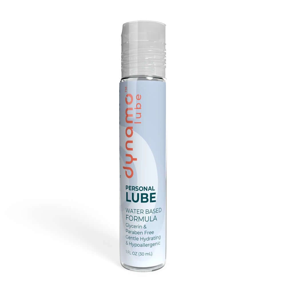 Dynamo Lube Water-Based Formula 1 Oz bottle showcasing its glycerin-free and paraben-free features.