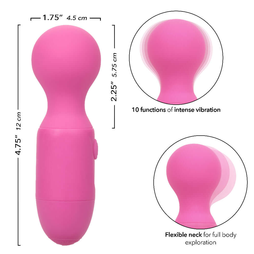 First Time Rechargeable Massager Pink with dimensions and features for customizable stimulation.
