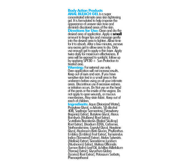 Body Action Anal Bleach Gel 50 Pieces Display product ingredients and usage instructions for skin-lightening gel.