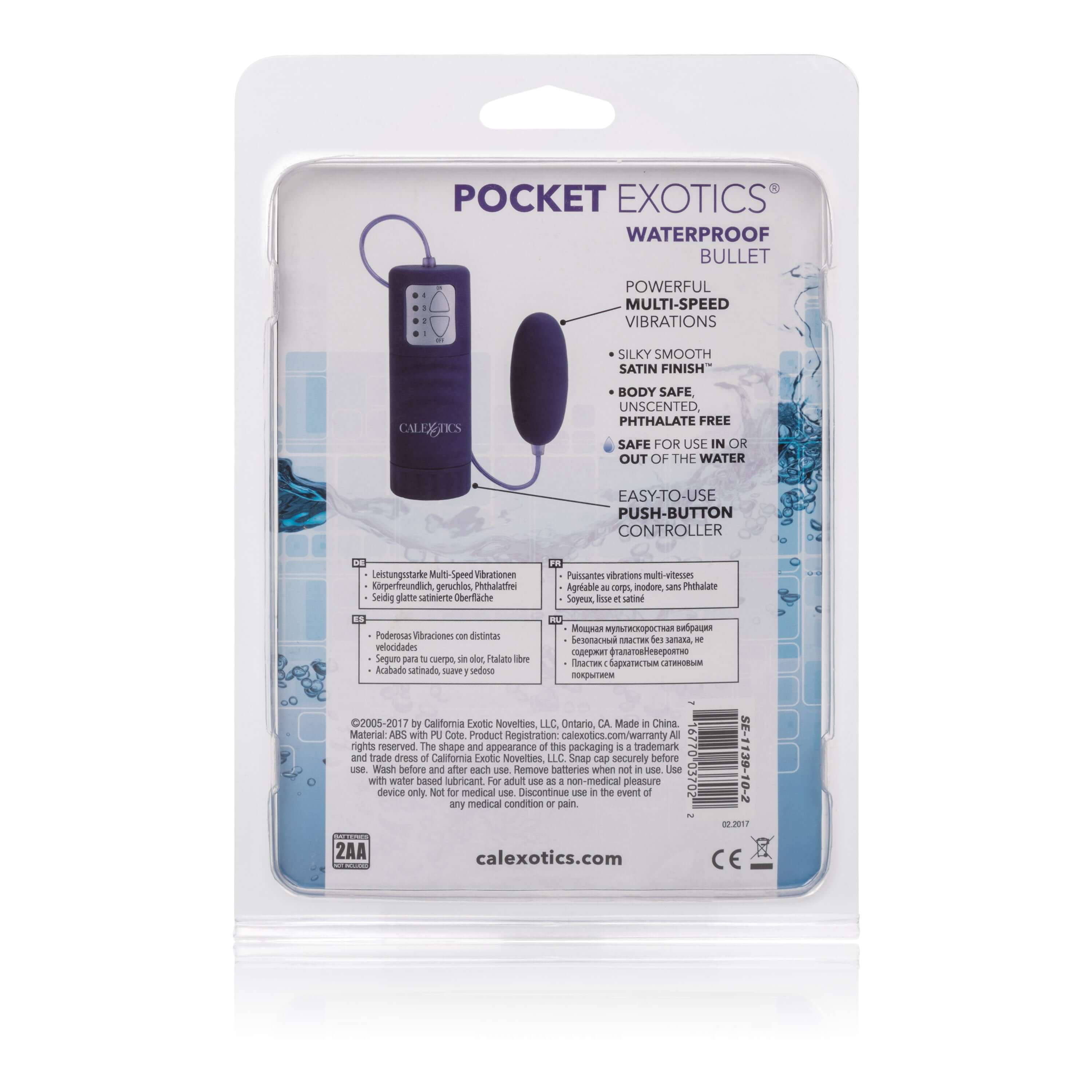 Waterproof Pocket Exotics Waterproof Bullet Purple packaging featuring multi-speed vibrations and push-button controller.
