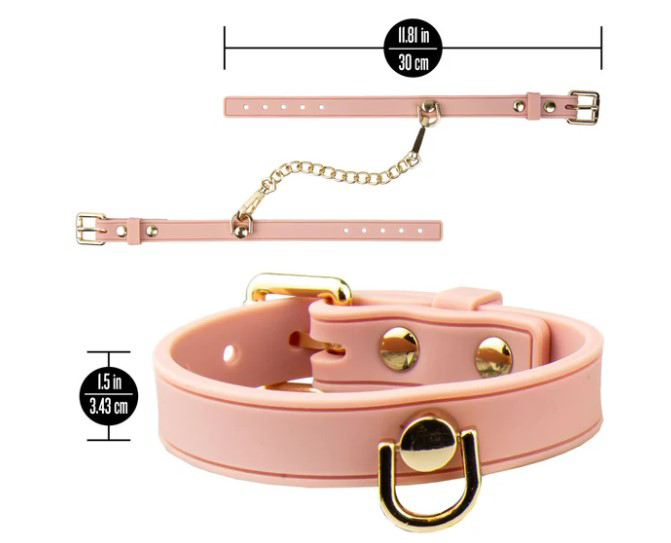 Temptasia Ardor Wrist & Ankle Restraints Pink set featuring a stylish collar with chain details.