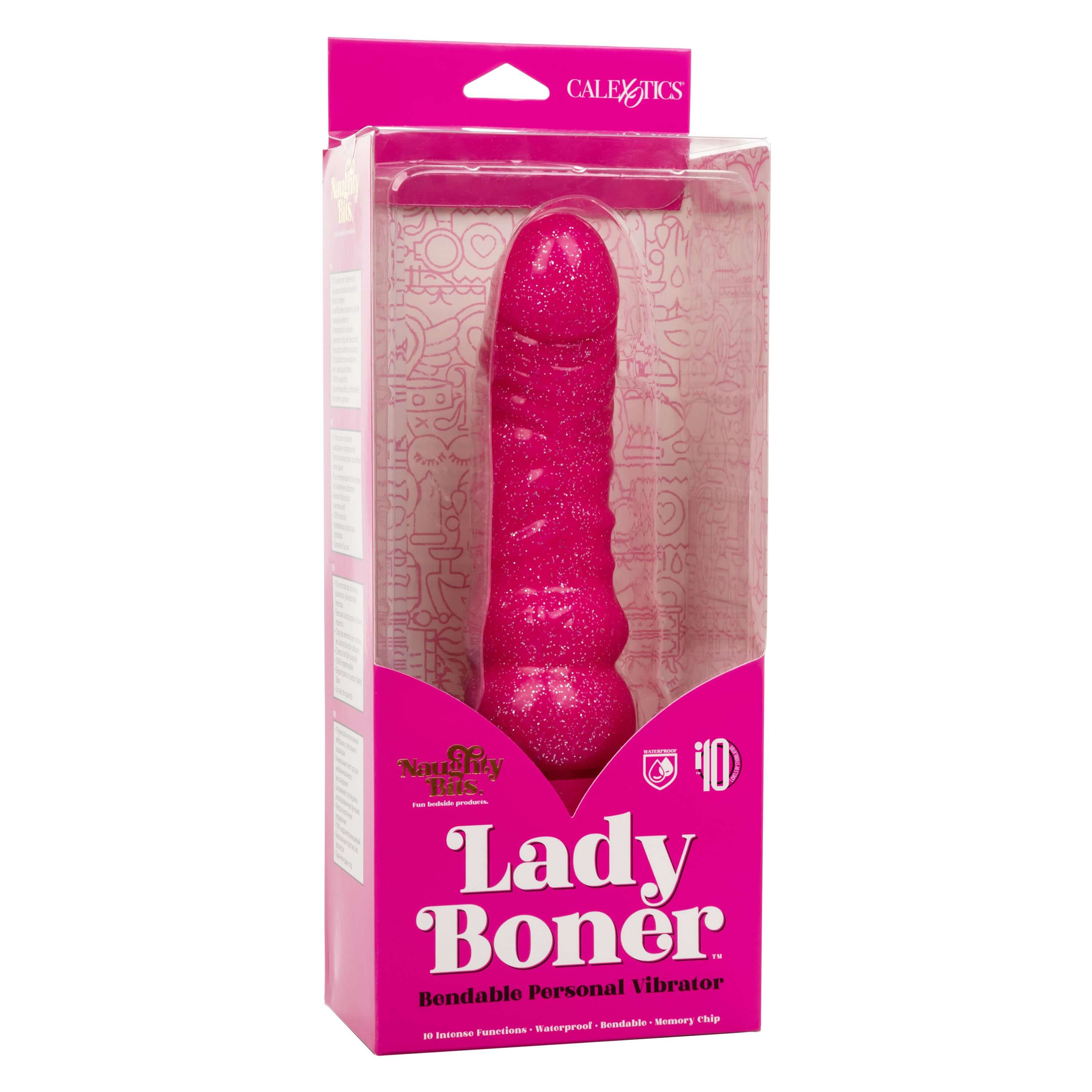 Naughty Bits Lady Boner Bendable Personal Vibrator in bright pink packaging, showcasing flexibility and powerful vibrations.