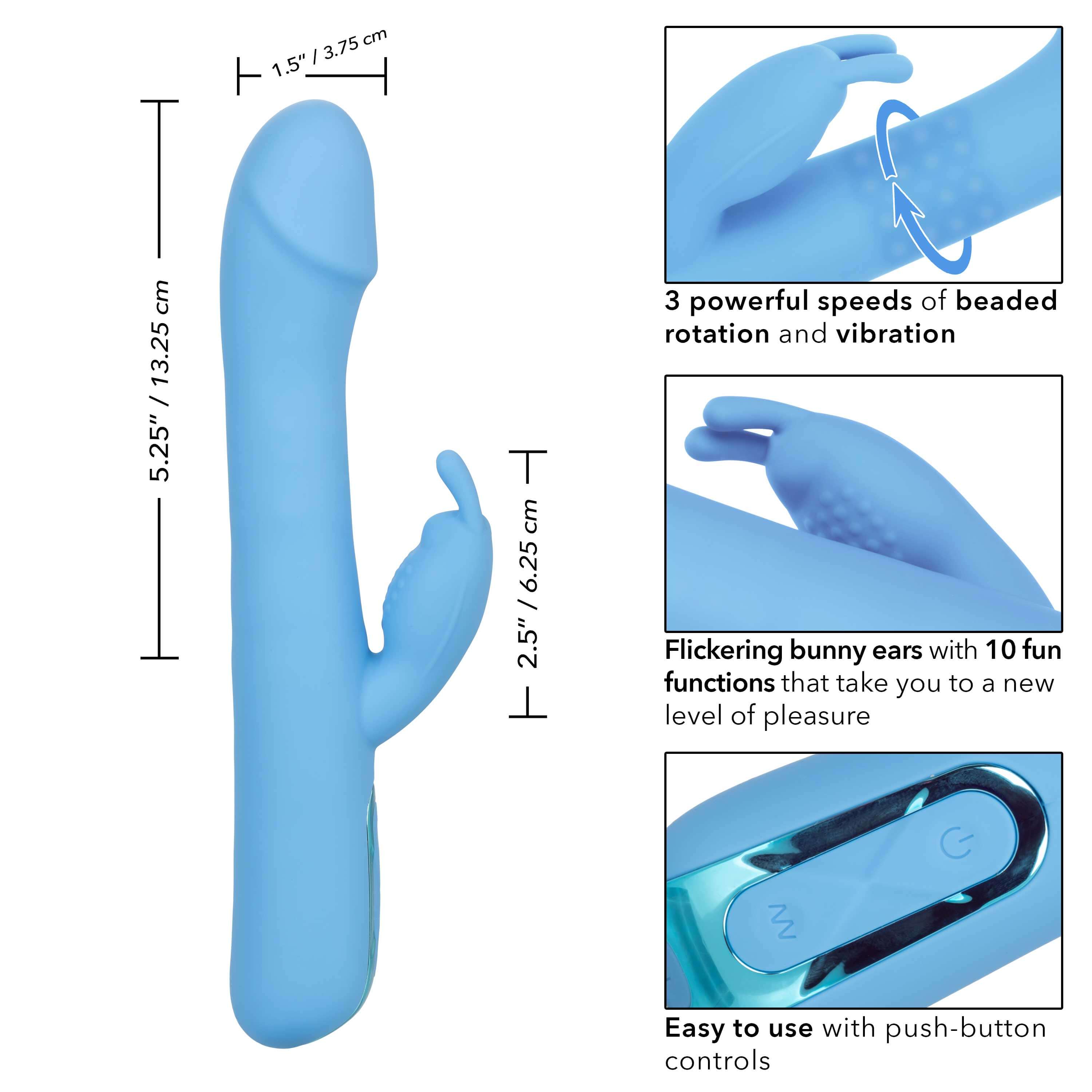 Jack Rabbit Elite Rotating Rabbit Vibrator Blue showcasing its design and features, including rotation and vibration controls.