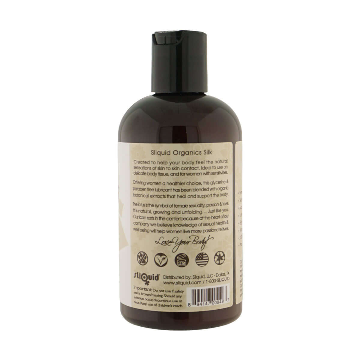 Sliquid Organics Silk Glide 8.5 Oz premium lubricant bottle, designed for sensitive skin and silky glide.