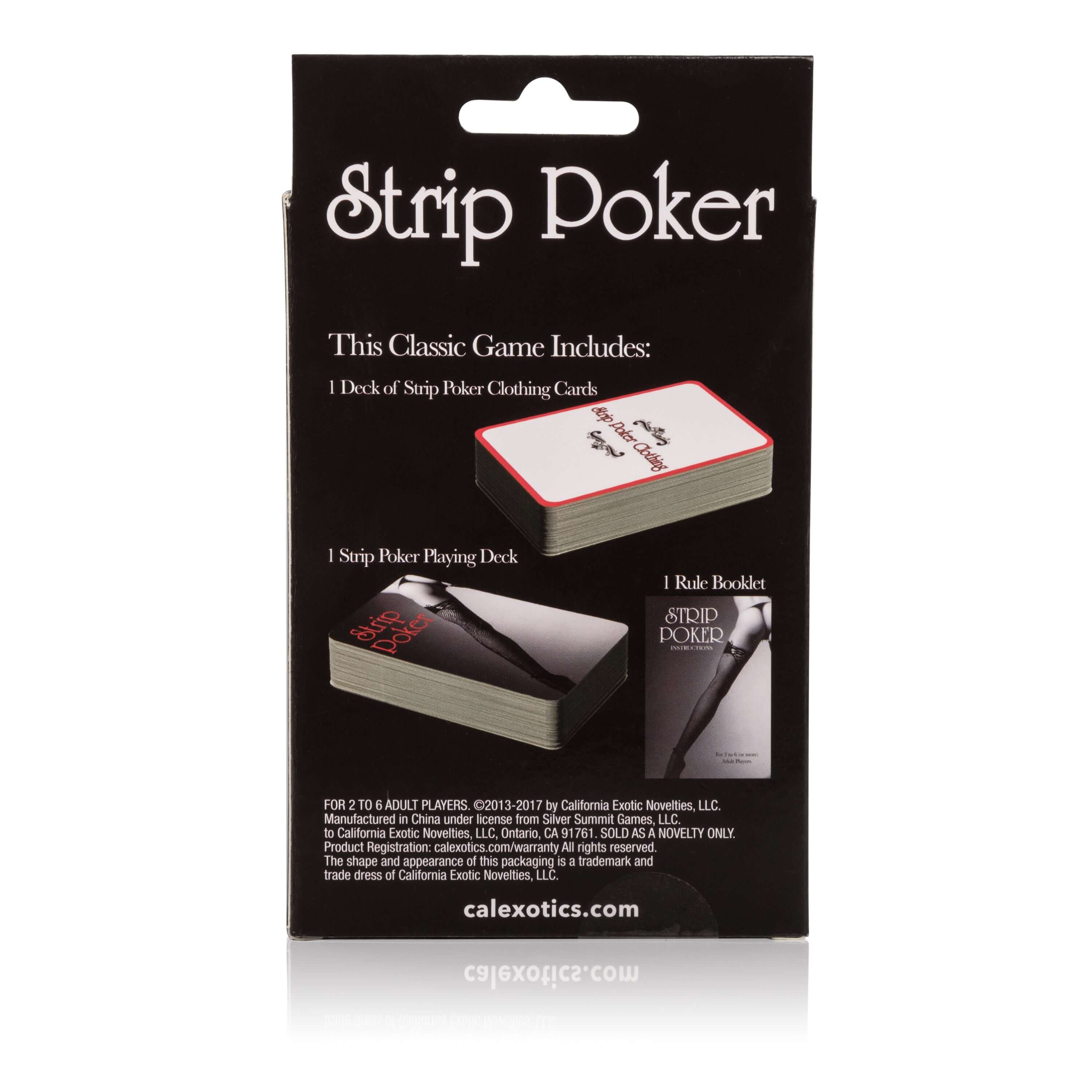 Strip Poker Adult Card Game packaging showcasing deck and rule booklet for playful competition and fun.
