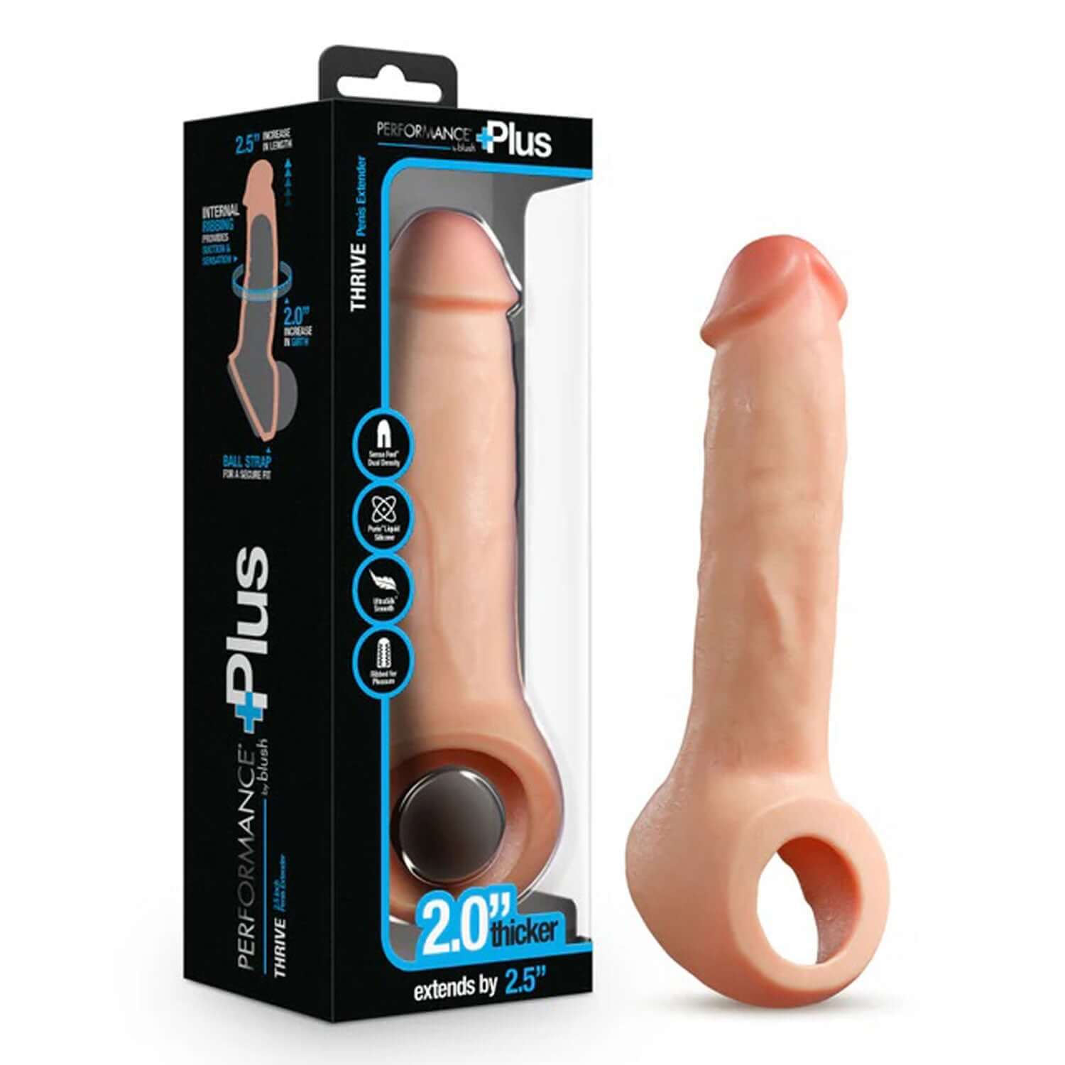 Performance Plus Thrive 2.5 Inch Silicone Penis Extender in beige with packaging, adds length and girth, lifelike Sensa Feel texture.