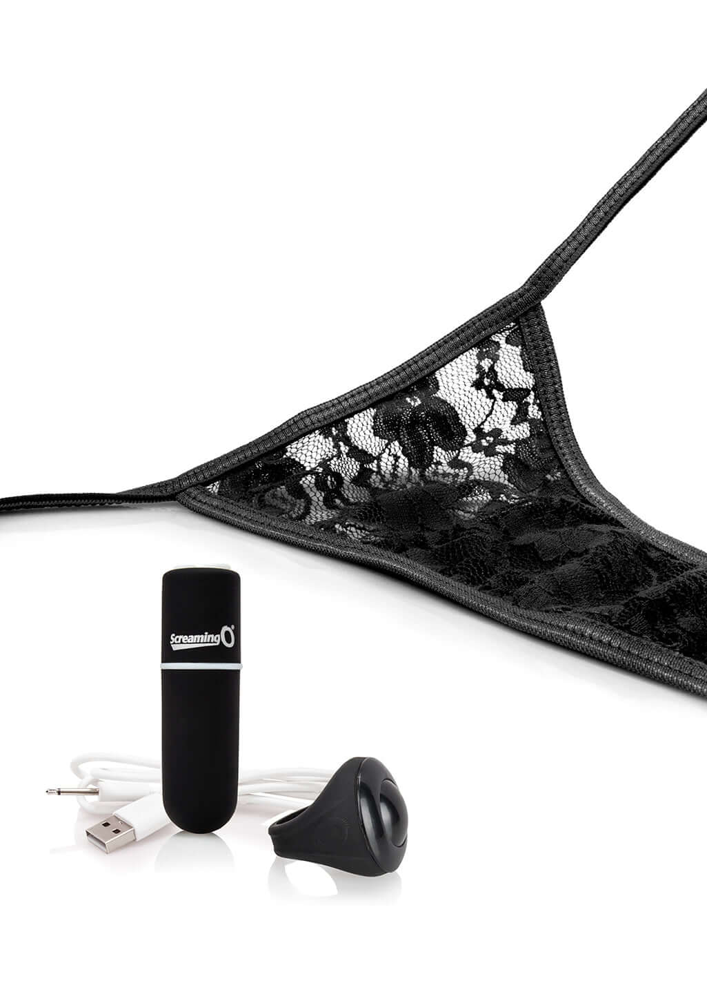 My Secret Charged Remote Control Panty Vibe Black with lace side-tie panties and bullet vibrator.