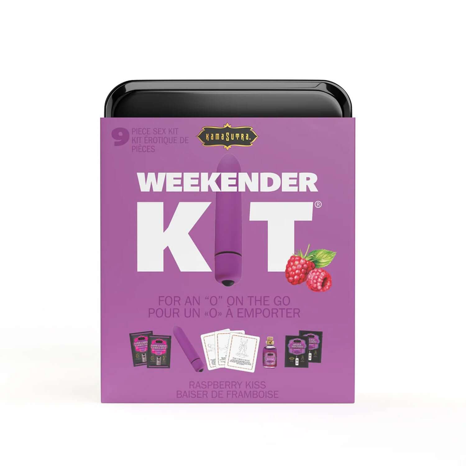 Kama Sutra Weekender Kit Vibe Raspberry Dreams packaging with mini vibe and travel essentials.