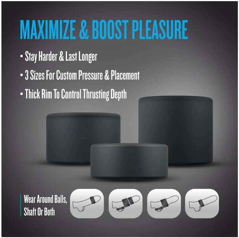 Performance Plus Accelerate Cock Ring Set Black features three cock rings for customization and enhanced pleasure.