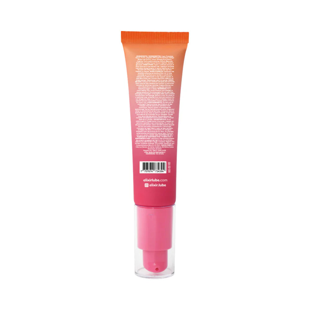 Elixir Multi O Arousal Lubricant 30 ml tube with colorful packaging, back view and ingredient details.