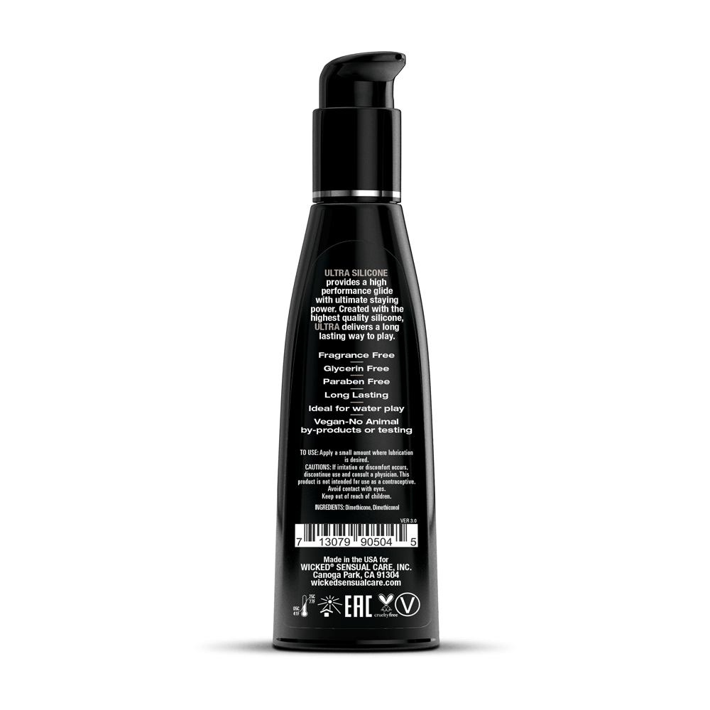 Wicked Ultra Silicone Lubricant 4 Oz bottle with dosage pump, black and silver design, label highlights essential features.