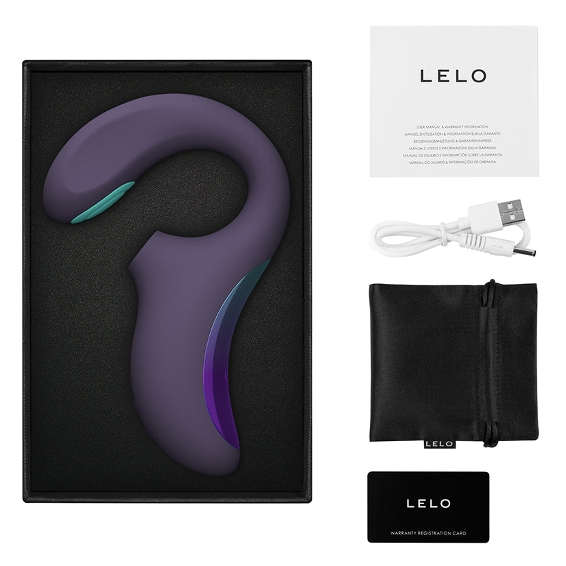 Lelo Enigma Double Sonic A-Spot Vibrator Cyber Purple in its packaging with accessories.
