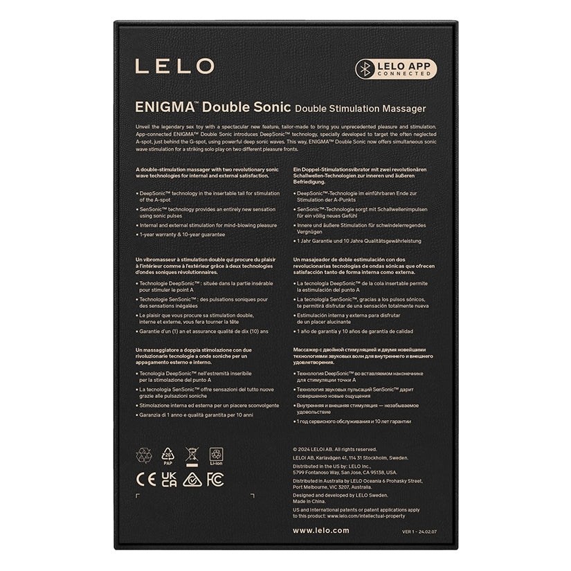 Lelo Enigma Double Sonic A-Spot Vibrator Cyber Purple product packaging and features description.