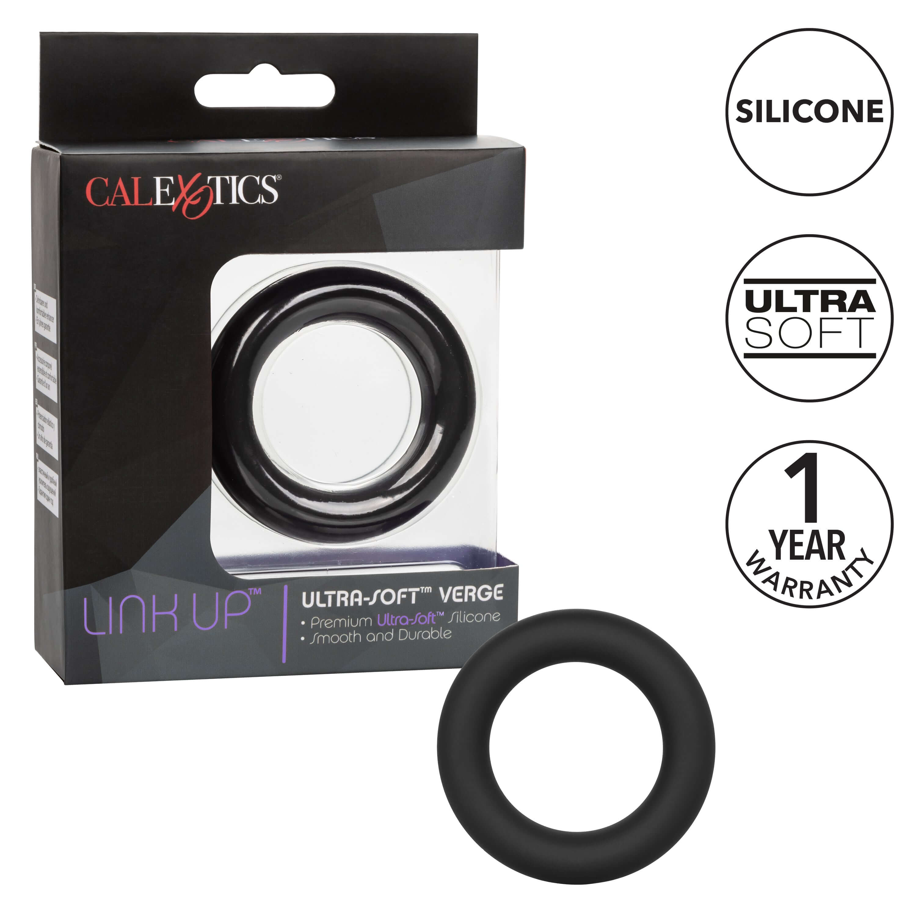 Link Up Ultra Soft Verge Ring Black packaging showcasing premium Ultra-Soft silicone design and 1 year warranty.
