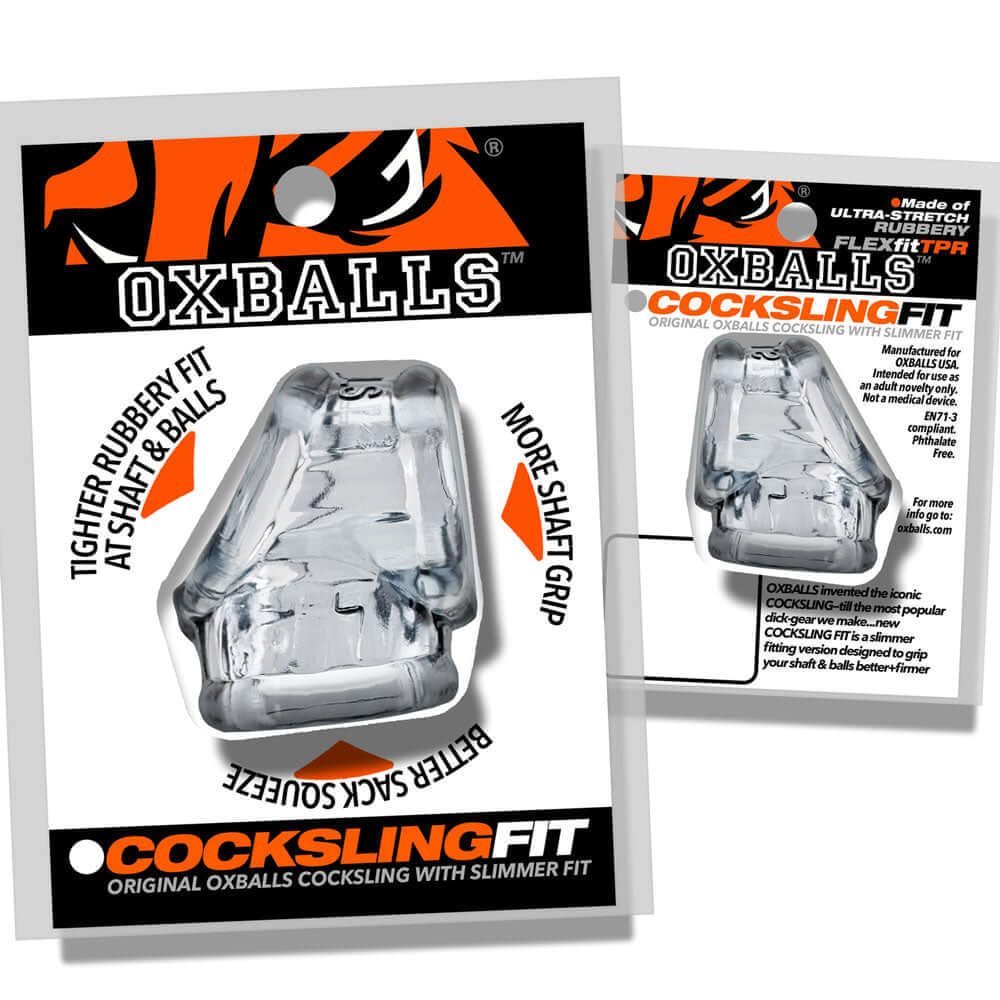 Oxballs Cocksling Fit Sling Clear packaging showing ergonomic design for better grip and fit.