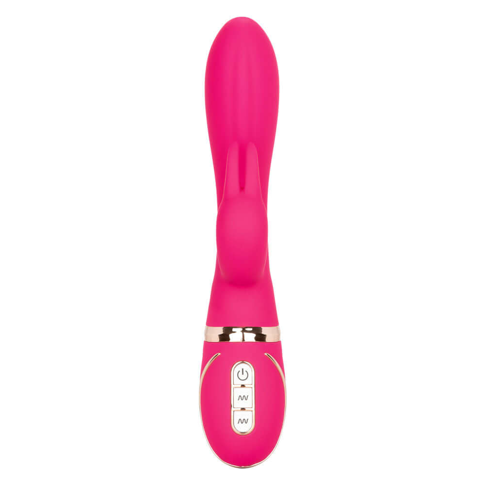 Jack Rabbit Signature Silicone Ultra-Soft Rabbit in vibrant pink with dual stimulation features and control buttons.