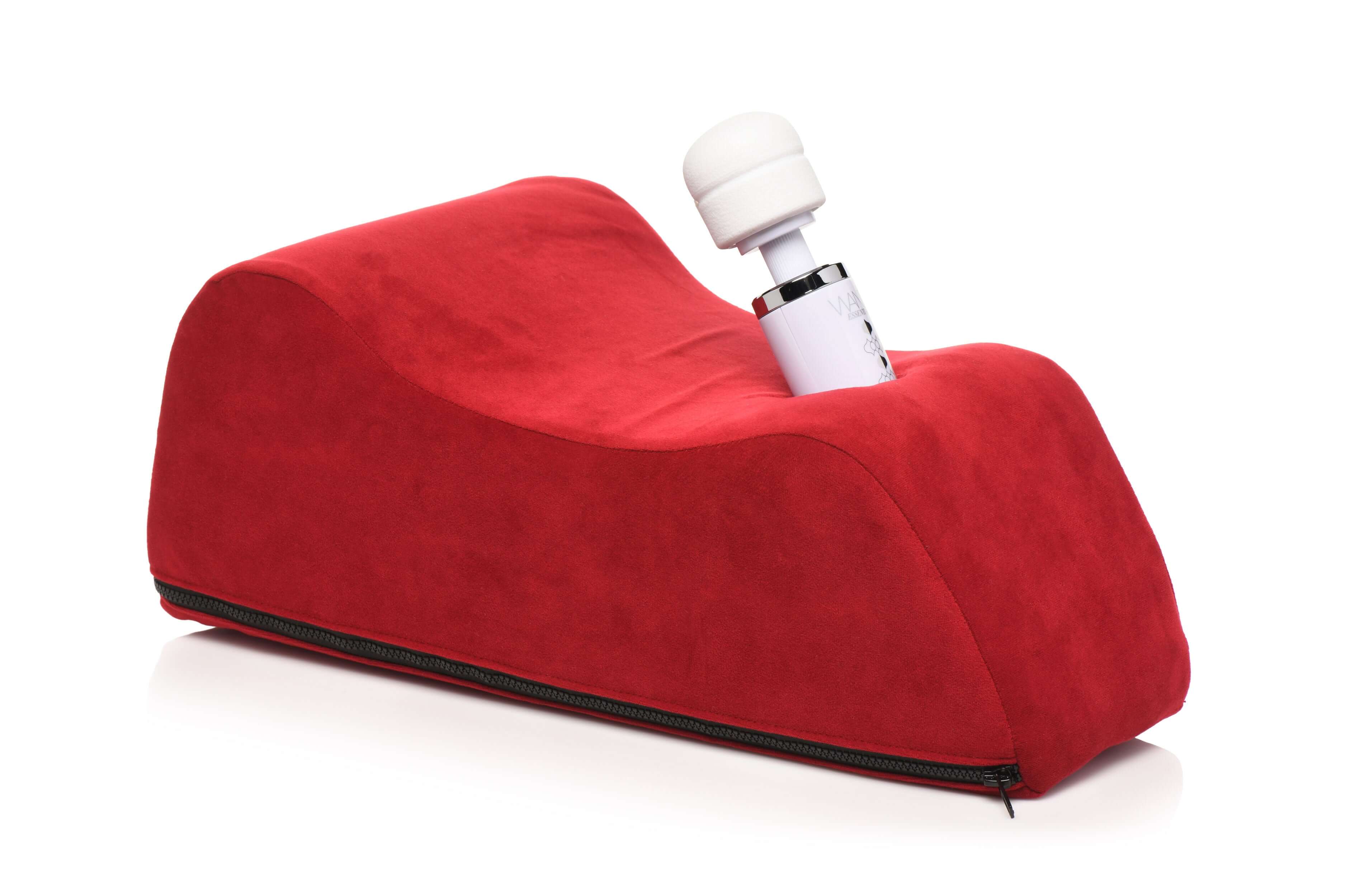 Delux Wand Saddle in red with wand vibrator inserted, ergonomic high-density foam for hands-free stimulation.
