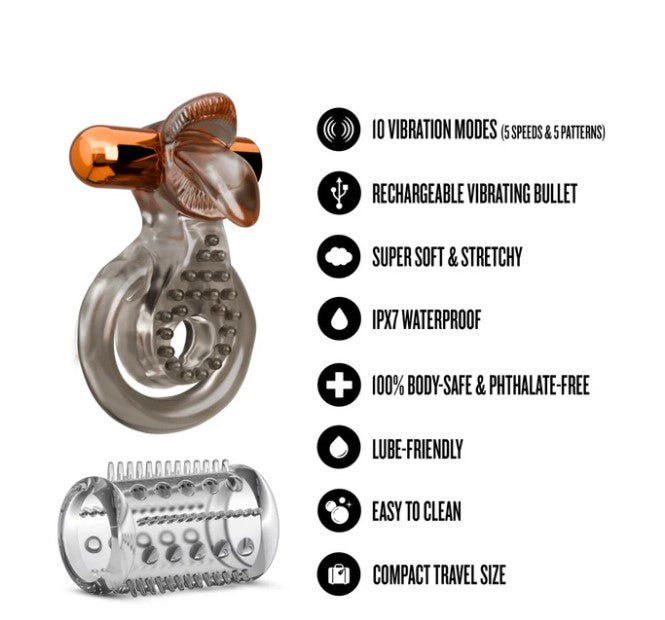 Stay Hard Cock Ring Set With Sleeve Textured Sheath features 10 vibration modes and is super soft and stretchy.