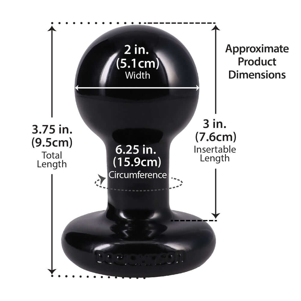 Round Butt Plug Small Black showing dimensions: 2 in. width, 3.75 in. total length, 6.25 in. circumference.