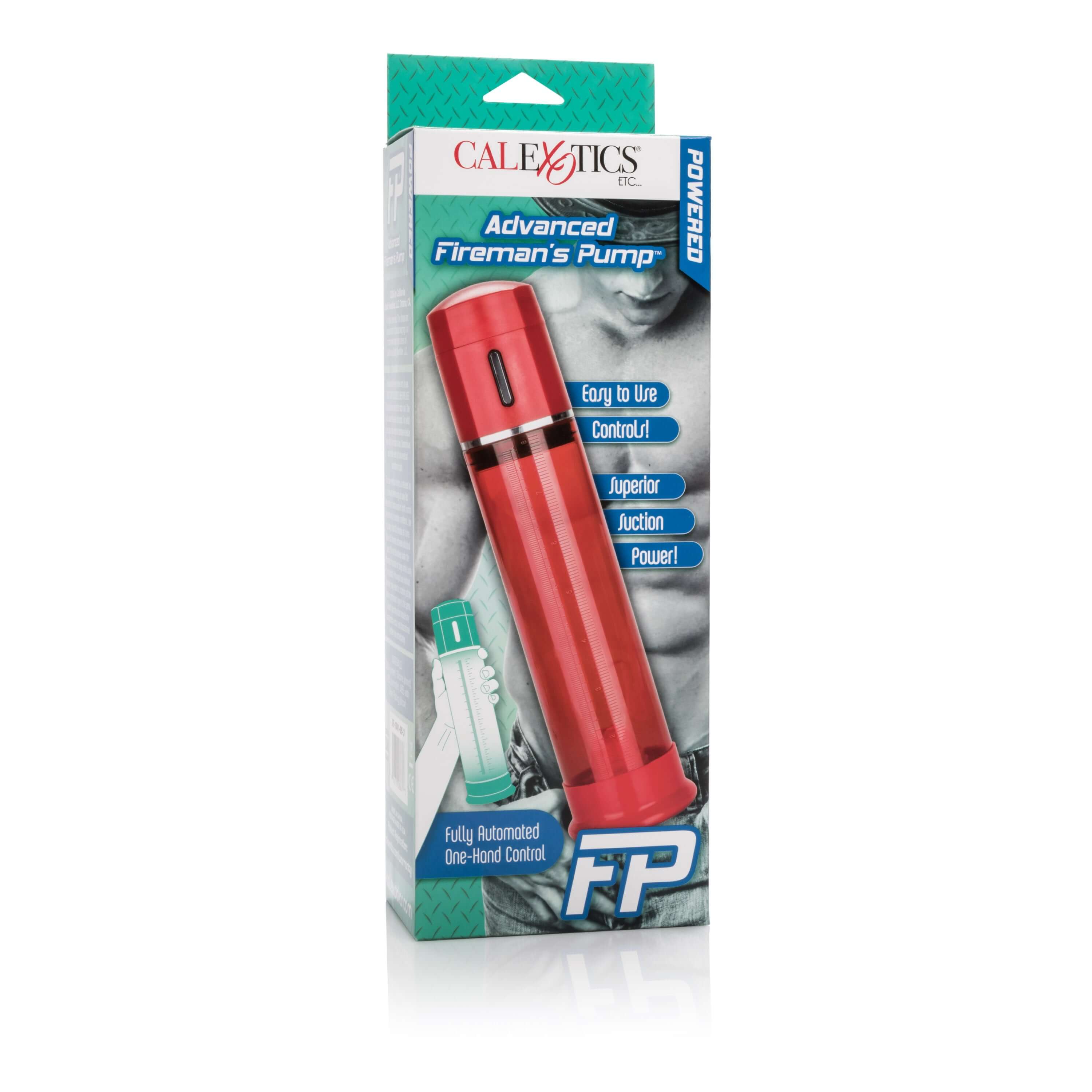 Advanced Firemans Penis Pump Red packaging, showcasing easy to use features and superior suction power.