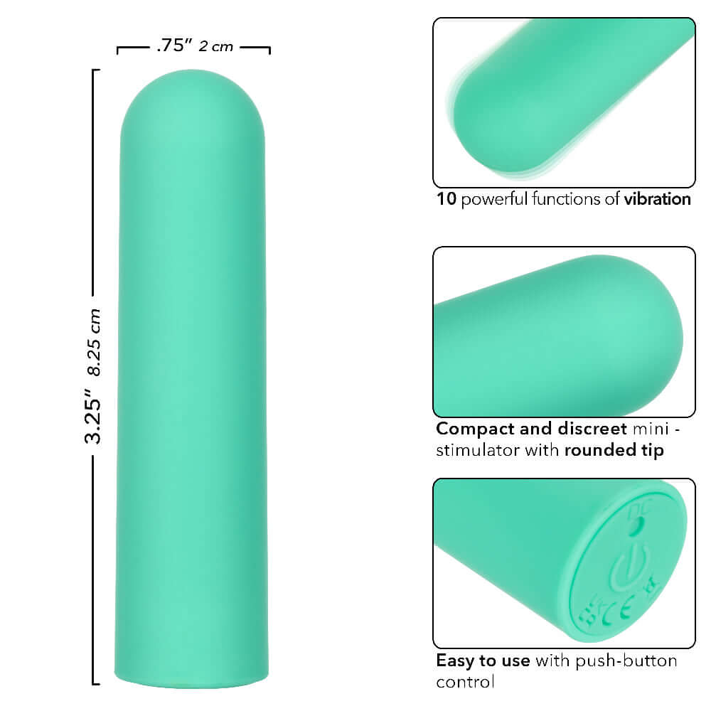 Turbo Buzz Rounded Bullet Vibrator - Green, discreet design, 10 vibration functions, 100% waterproof, compact stimulator with push-button control