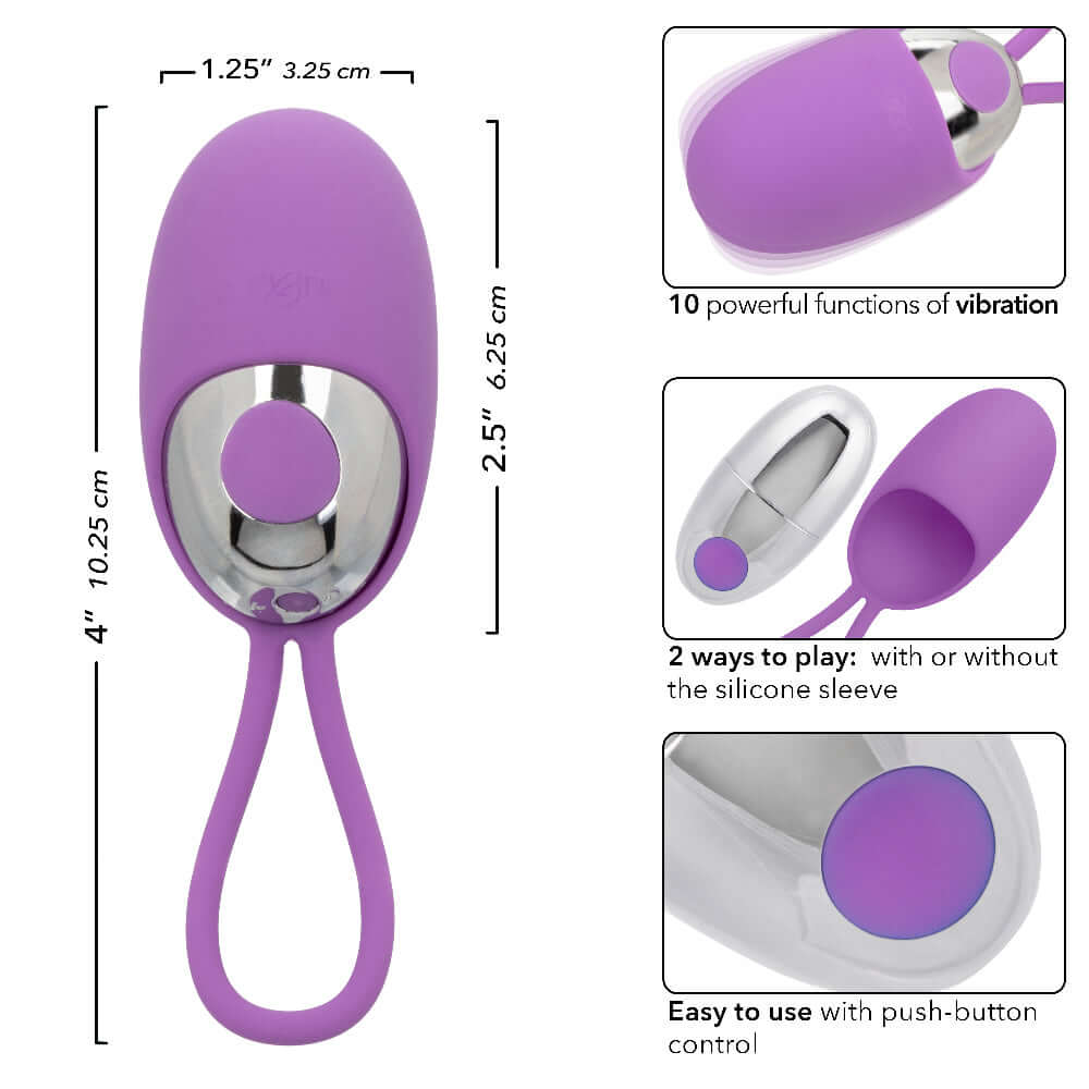 Purple Turbo Buzz Bullet vibrator with removable silicone sleeve and 10 vibration functions, featuring dimensions and push-button control.